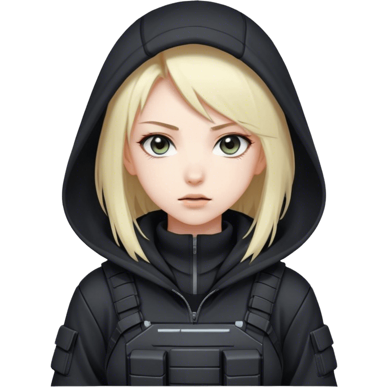 Anime girl in a black hoodie, tactical gear, high-tech controls, focused expression emoji