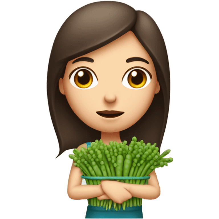 farmer brunette white woman with bunch of peas and carrots in her hands from the garden with gloves on, frowning emoji