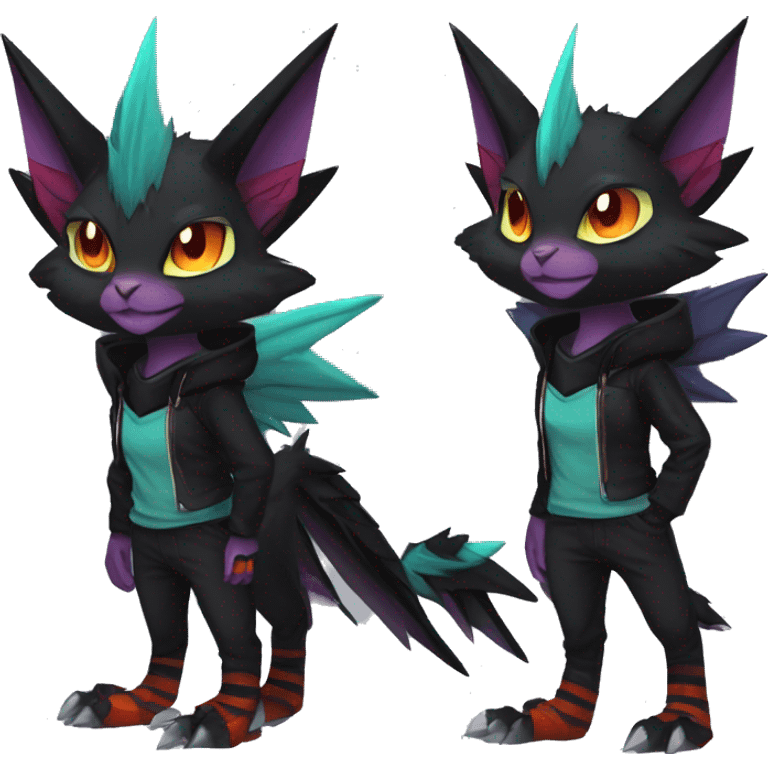 Cool Anthro Black Noivern-Quiana-Litten-Pokémon with edgy stripes hoodie spiked collar punk Full Body emoji