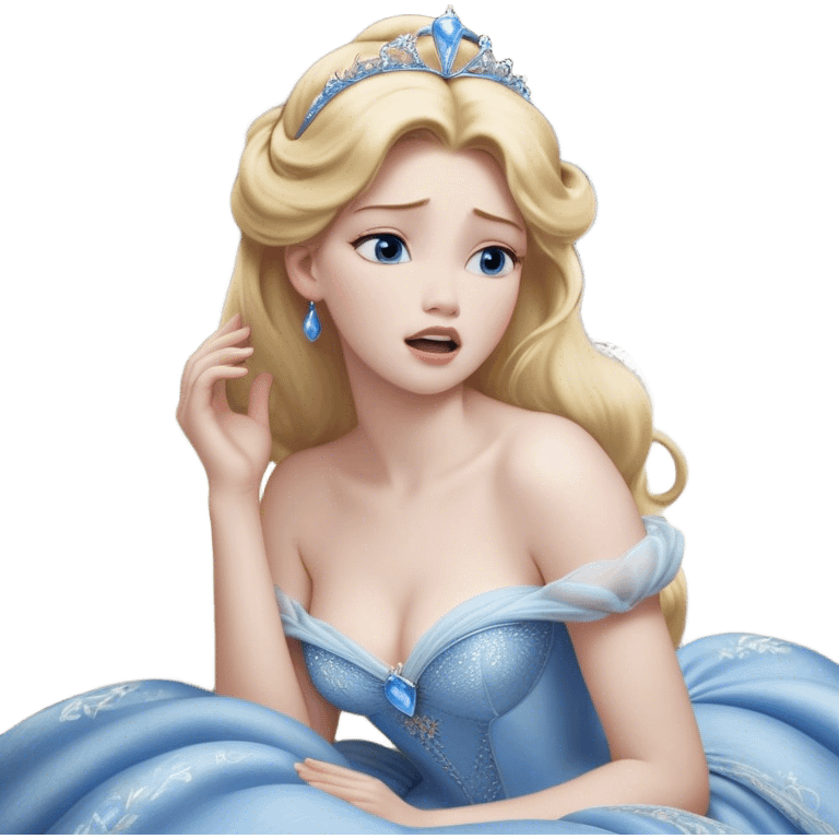 Cinematic Realistic Yawning Cinderella Portrait, showcasing lifelike porcelain skin and intricately detailed golden-blonde hair styled flawlessly as she mid-yawn reveals a moment of tender vulnerability. Her half-closed blue eyes and relaxed expression are rendered with natural, soft lighting that emphasizes the subtle textures of her face and the detailed, flowing fabric of her iconic gown. The scene glows with a cozy, authentic warmth that captures a rare, intimate moment of repose. emoji