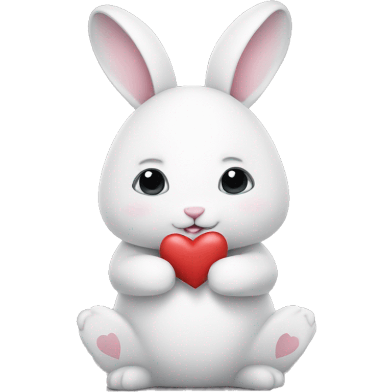 White bunny with grey fur on its back, holding hearts emoji