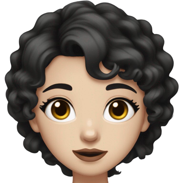 Pale girl,Black wavy hair and silk,dark brown eyes with korean eye liner,cat eye,mature,black short crop top, emoji