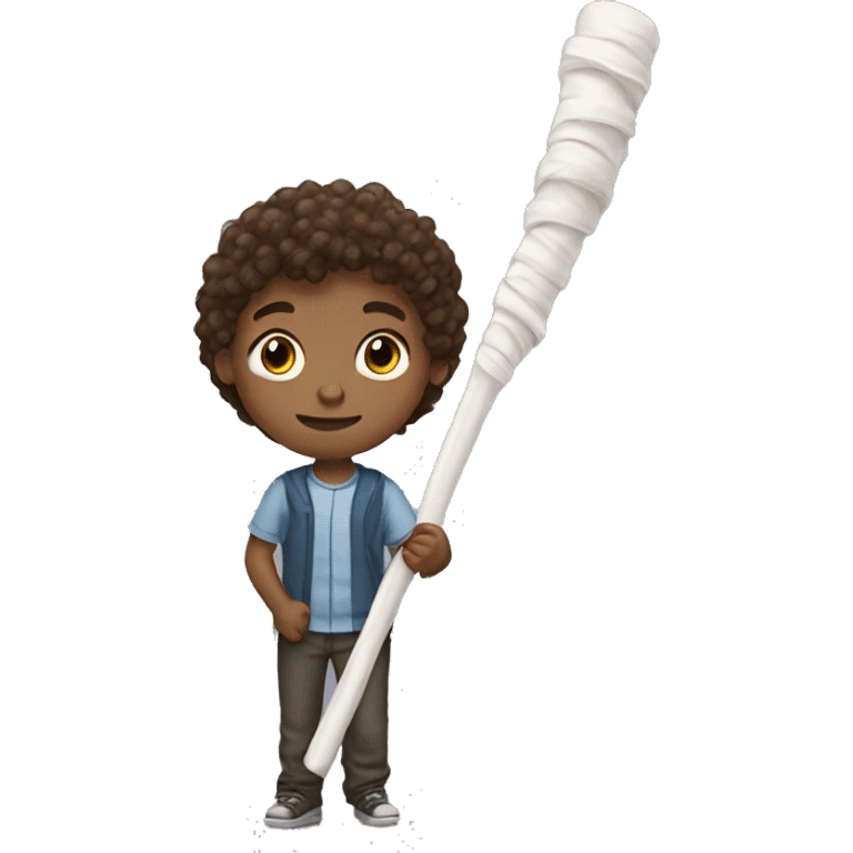 Brown wavy haired boy holding a small white stick emoji