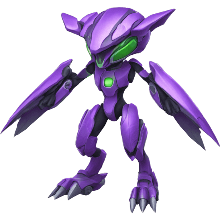 a purple-green Genesect-Raptor-Fakémon—hybrid with a futuristic visor-helmet full body emoji