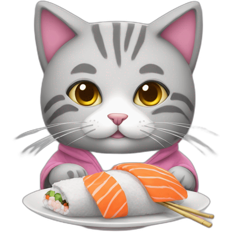 Cute gray stuffed cat eating sushi. This cat has a pink hoodie emoji