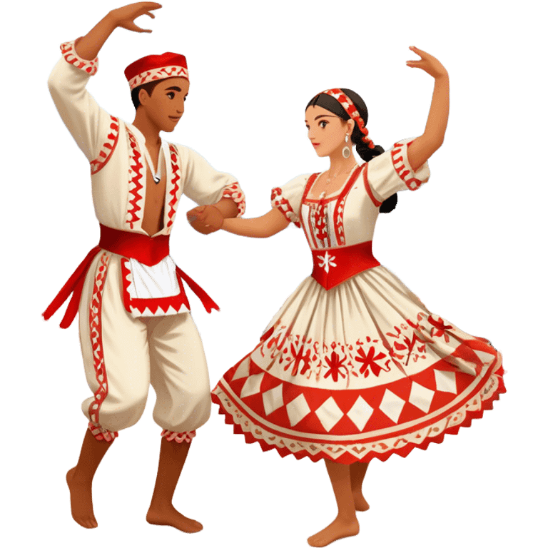 Cinematic Realistic scene of two performers engaging in the Croatian Linđo folk dance, adorned in vibrant traditional costumes with intricate patterns and accessories, captured in graceful, synchronized motion under festive natural lighting. emoji