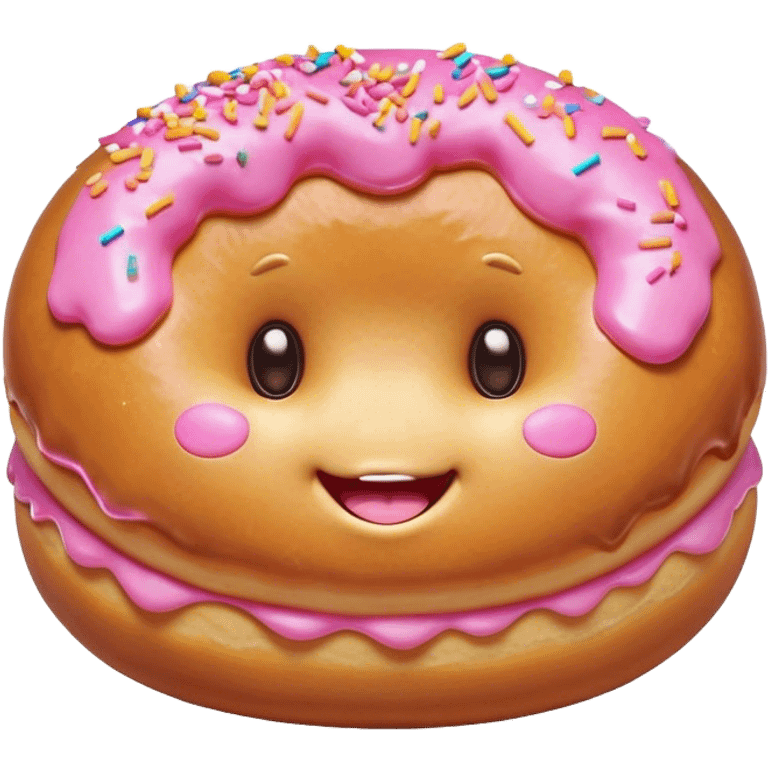 Cinematic tiny happy donut, round and fluffy, golden brown with pink icing and sprinkles, tiny adorable face with blushing cheeks, warm glowing background. emoji