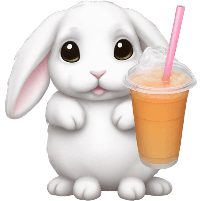 White mini lop rabbit drinking boba tea emoji