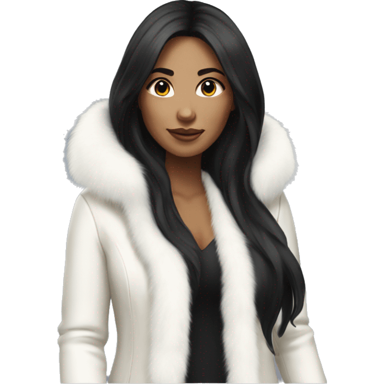 Realistic pretty woman with black long hair with white fur coat emoji