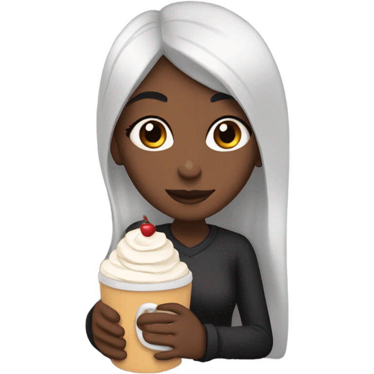 A girl with black hair enjoying a piece of victoria cake. She also has a cup of hot chocolate in her hand emoji