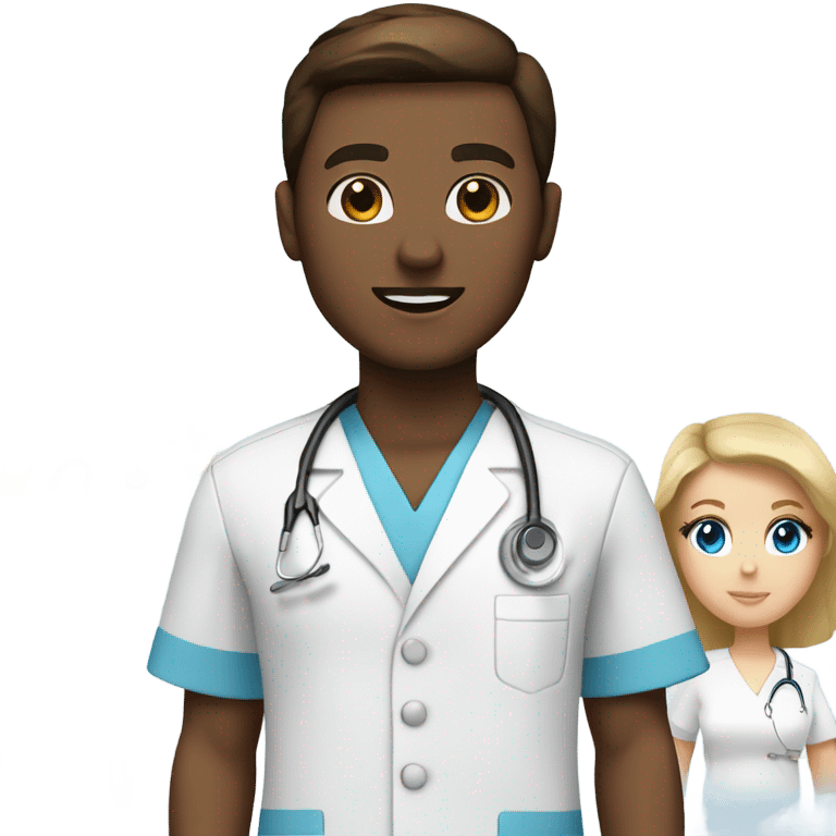 Nurse with blue eyes brown hair and white scrubs and doctor with blonde hair blue eyes and blue scrubs  emoji