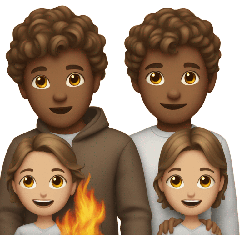 Twins, one boy, one girl, brown hair, flames emoji