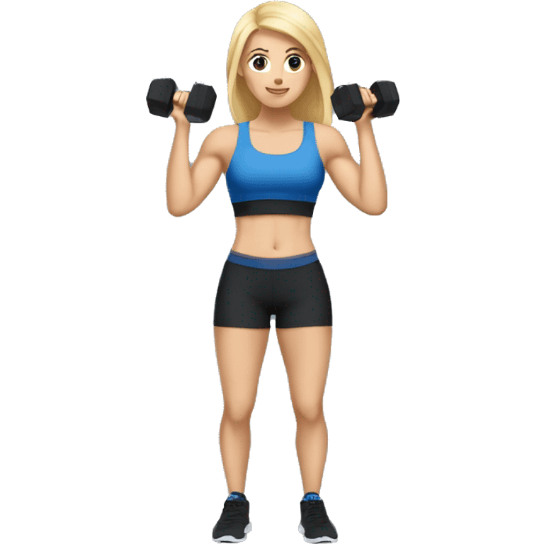 blonde woman working out with a black tank top and a blue shorts and she is holding a dumbell emoji