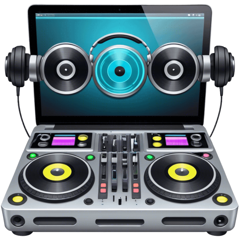 Create a professional and technical emoji that represents remixing music. The design should feature a high-end DJ controller, turntables with vinyl records, and a sound mixing console with faders to symbolize the technical aspects of remixing. Include elements like studio headphones and a laptop or digital audio workstation (DAW) screen to reflect the tools used in music production. Use colors like black, silver, and neon accents to convey the professional, high-tech nature of remixing. The background should be transparent. emoji