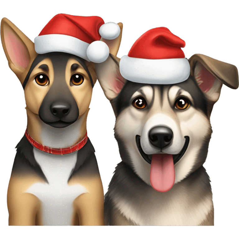 German Shepard beside mini husky wearing flannel shirts and Santa hats emoji