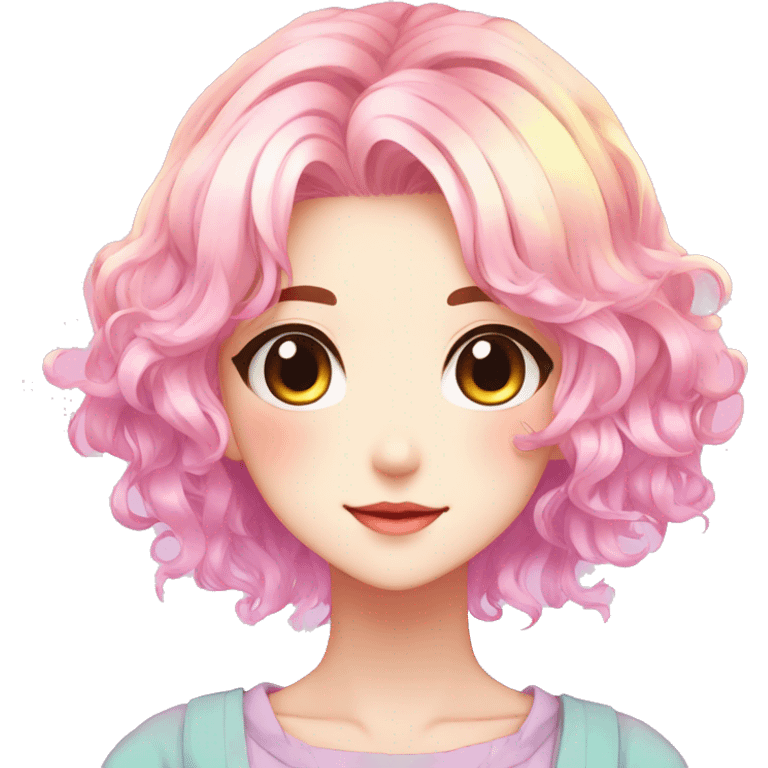 Gorgeous anime style shojo character with blushing face aesthetic and pretty colorful shiny gradient pastel hair trending style emoji