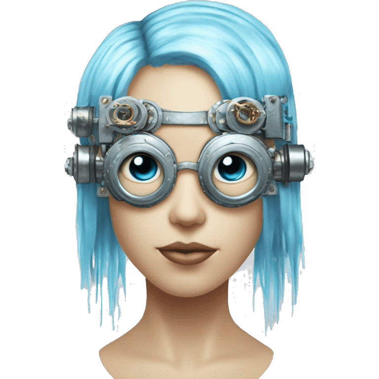 Pastel blue haired cyborg head with silver steampunk goggles and circuits emoji