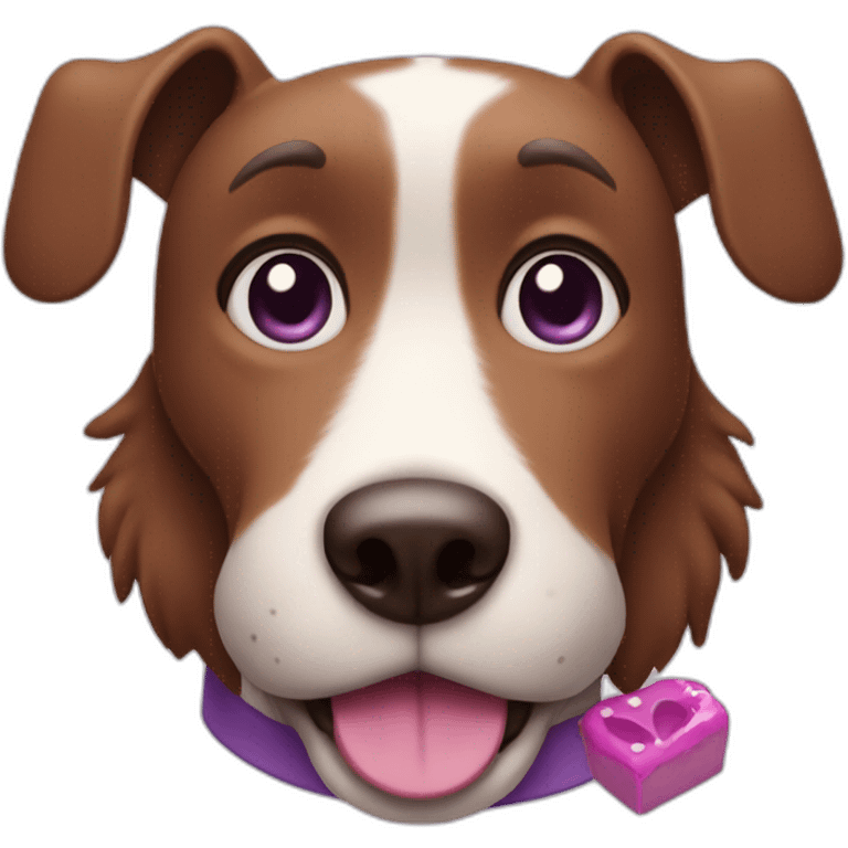 a purple dog with a brown nose and a pink collar with a bone eat cake emoji