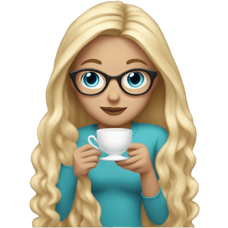 Girl with long blonde hair and blue eyes and glasses sipping tea emoji