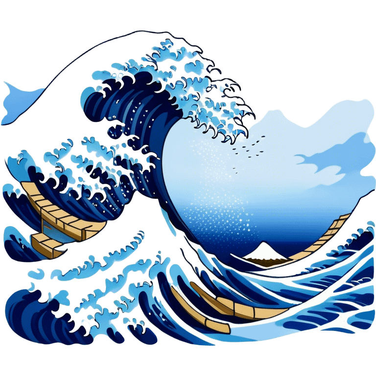 Cinematic Realistic Great Wave off Kanagawa, depicted as a colossal, crashing wave with dynamic blue hues and frothy white crests, rendered with intricate textures and fluid motion that captures both the timeless power and poetic beauty of the iconic Japanese artwork emoji