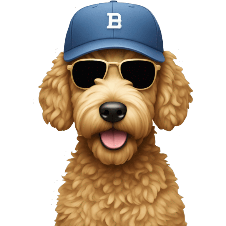 Golden doodle, wearing a baseball cap and sunglasses emoji