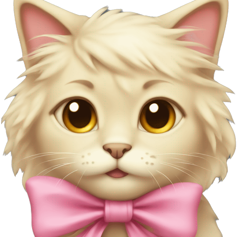 Cute fluffy blonde cat with brown eyes and pink bow emoji