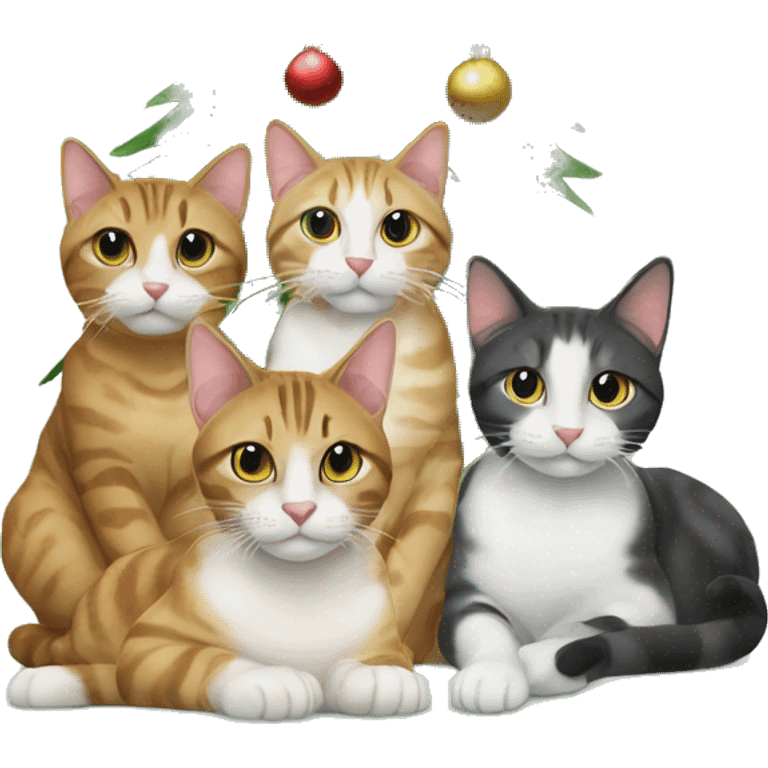 Four different cats sitting under a Christmas tree  emoji