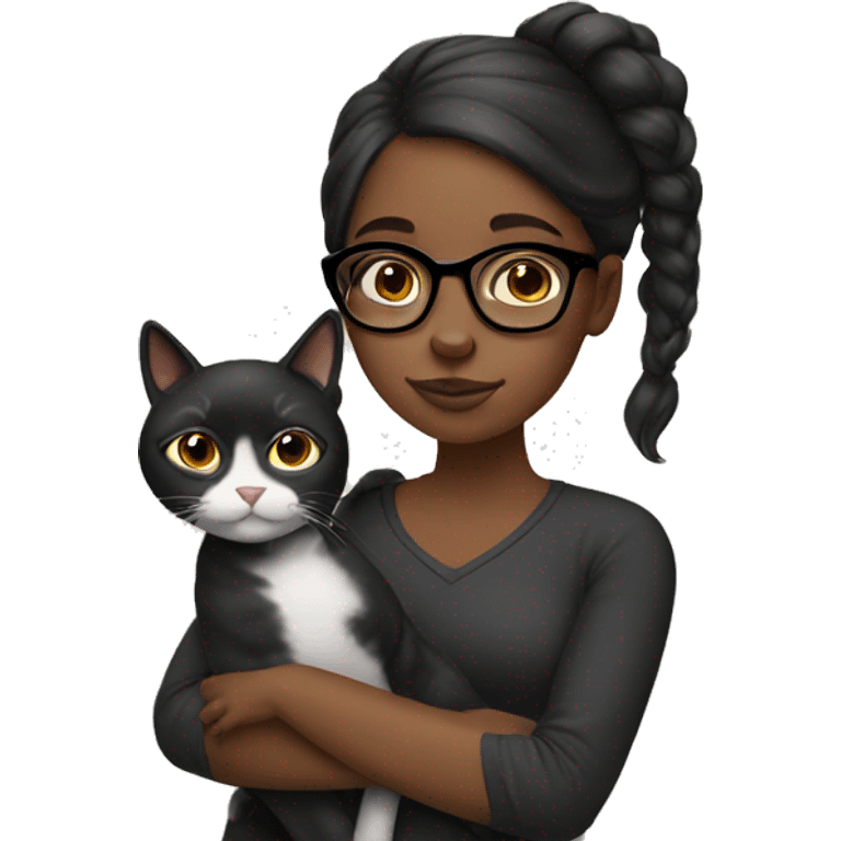 Black girl wears glasses holding a cat on her shoulder  emoji