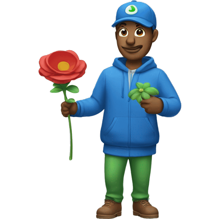 a man with luigi cap and blue clothes holds a flower emoji