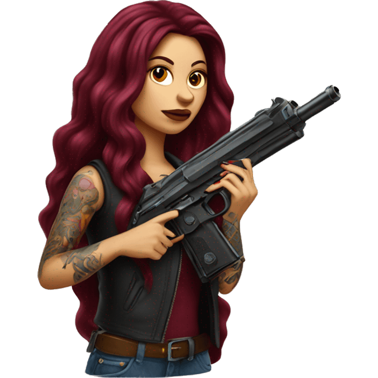 Beautiful tattooed burgundy long haired woman with a gun emoji