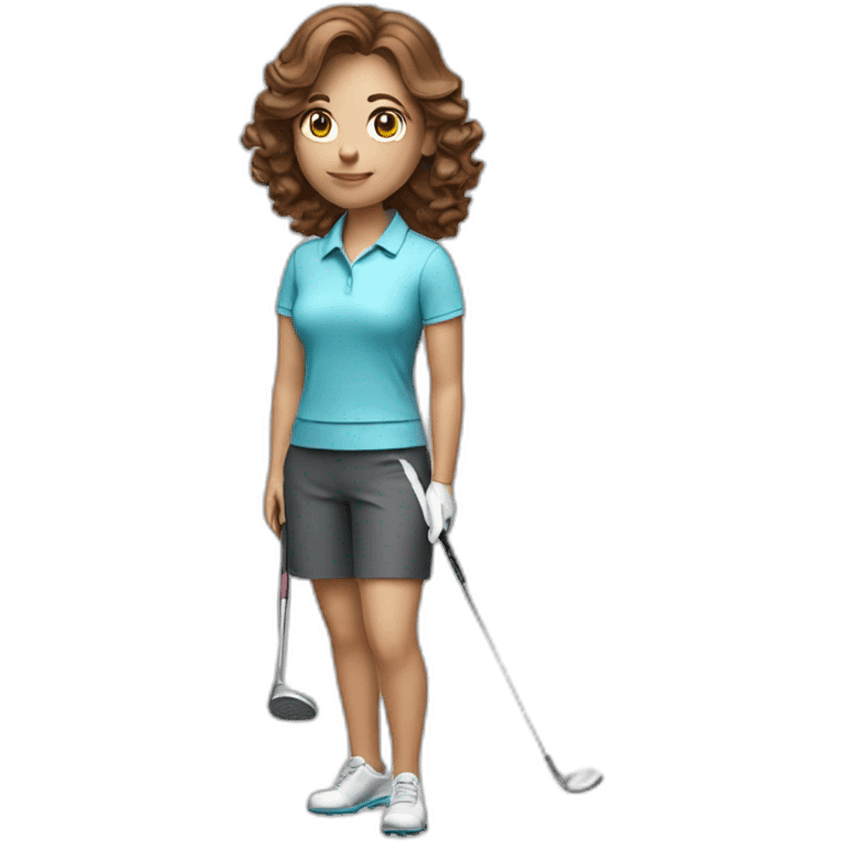 female with brown wavy hair dressed in golfwear with golf club and golf ball emoji