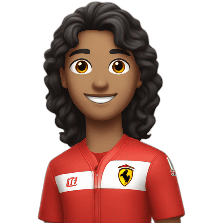 A smiling white teen with a long face in red Ferrari jersey with very short black hair and light green eyes and dig cheeks emoji