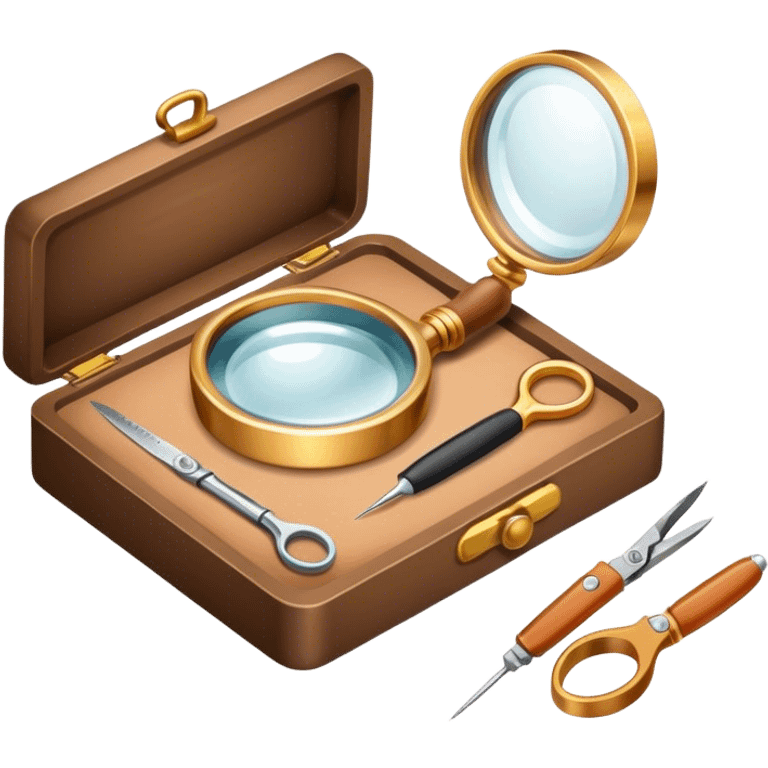 Create an icon that represents the art of jewelry making. The design should feature 1-2 pieces of jewelry, such as a ring or necklace, in progress. Include a small workbench or table, a magnifying glass, and tools like pliers and tweezers. The composition should feel elegant and detailed, showcasing the precision and skill involved in crafting jewelry. The background should be transparent. emoji