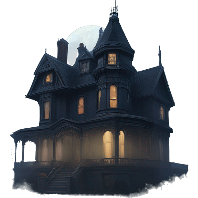 Fantastic Wide full view, A very roomy ramshackle gothic Victorian Addams’s mansion looms through light fog at midnight  emoji