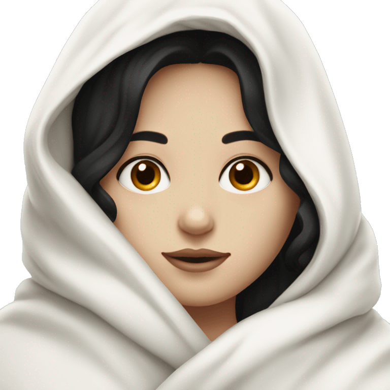 Pale Girl with black hair cozy in a white blanket emoji