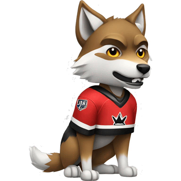 A wolf in a red black and white hockey uniform with a wolf emblem emoji