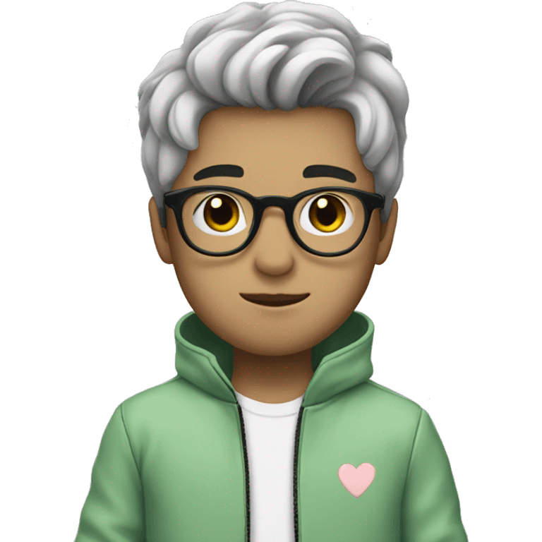 a boy with a pastel green jacket, with white glasses, with black hair, making a heart with his hand  emoji