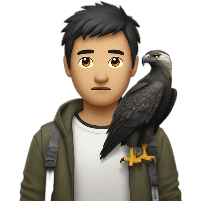 miserable asian man with a tasmanian wedge tailed eagle on his shoulder emoji