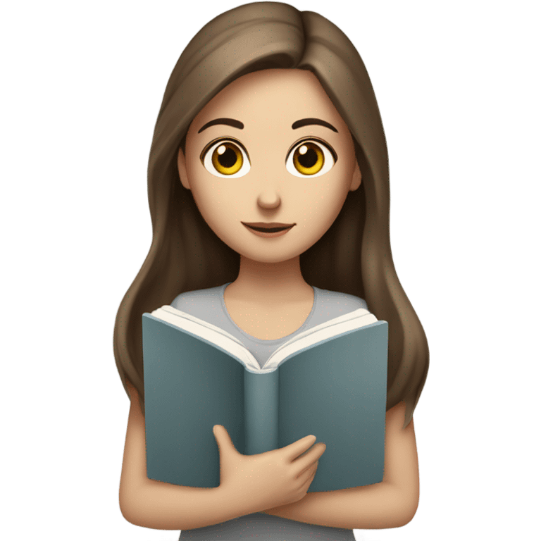 White girl with long brown hair and grey eyes reading a book emoji