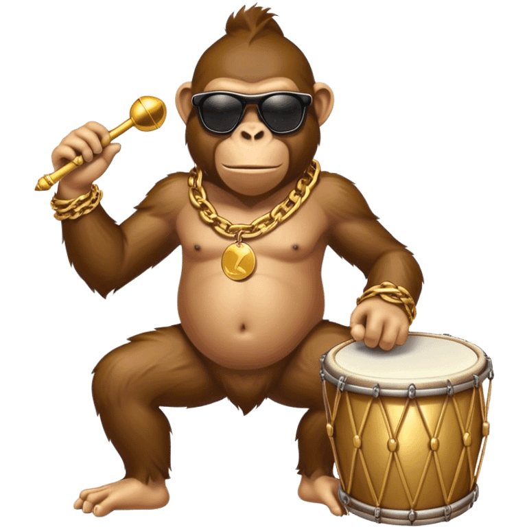 ape with big golden chain on the neck wearing sunglasses plays drum full height emoji