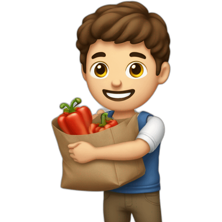 Man with brown hair holding up a bag of paprikas with one hand emoji