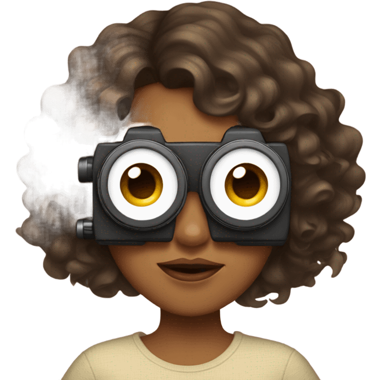 UGC content girl with camera cover face, olive with brown soft Hollywood curls emoji