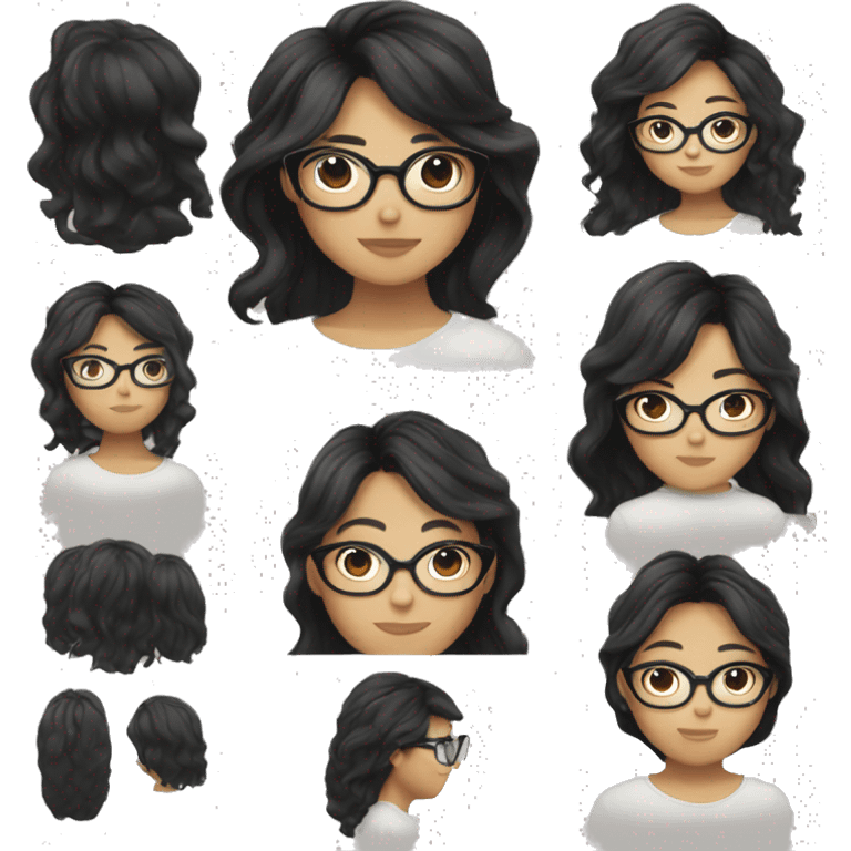 a girl with wavy hair at the roots and straight hair at the end, wear black glasses, asian, black hair  emoji