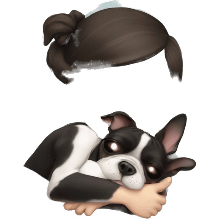 Boston terrier dog cuddling girl sleeping emoji