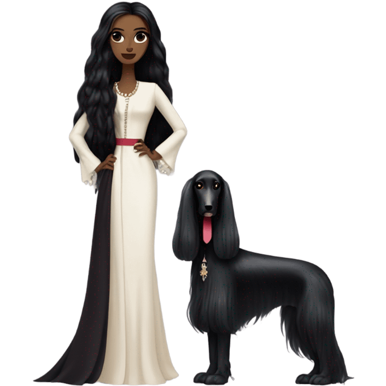 Women vampire black hair full body with Afghan Hound, Schiaparelli emoji