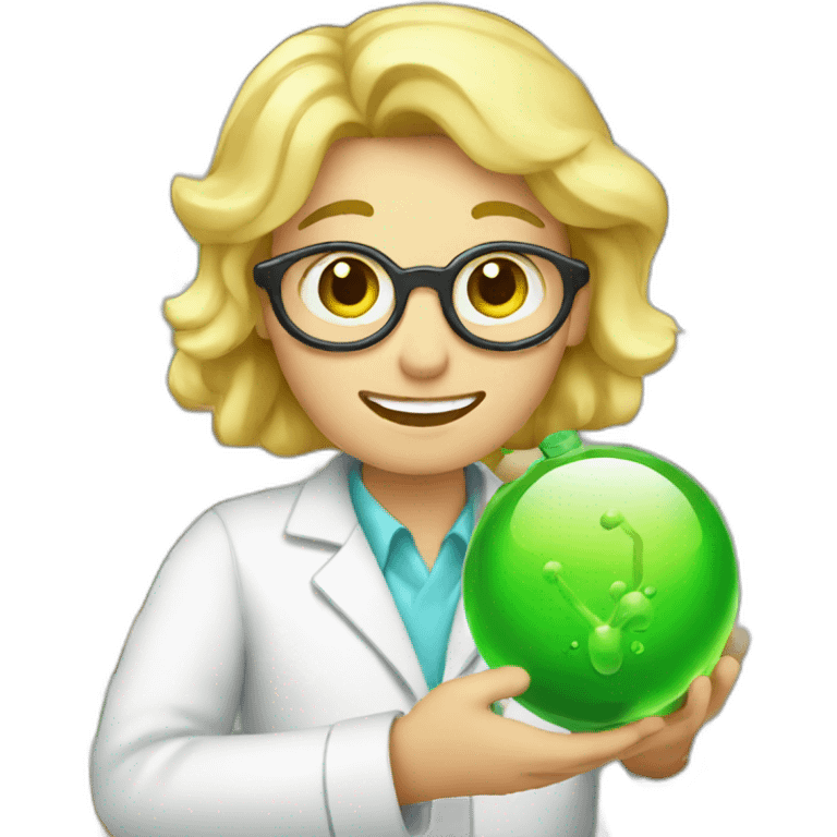 a blonde chemist holds a golba in his hand emoji