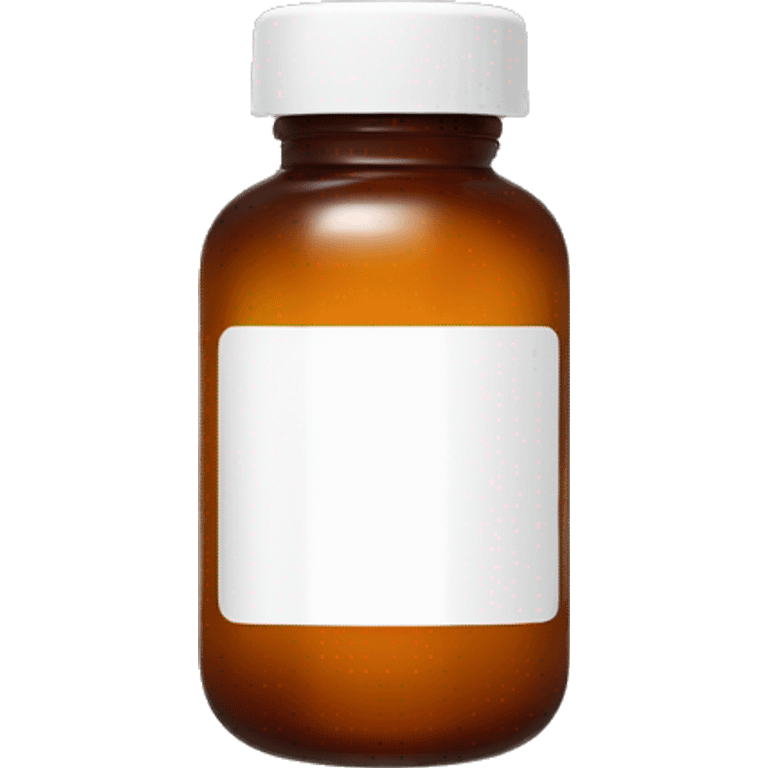 Singular Amber colored pill bottle with a plain white label filled halfway with liquid emoji