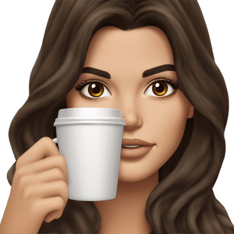 brunette Kendall Jenner with long and brown hair her eyes brown and sipping coffee Her hair is wavy and shiny. emoji