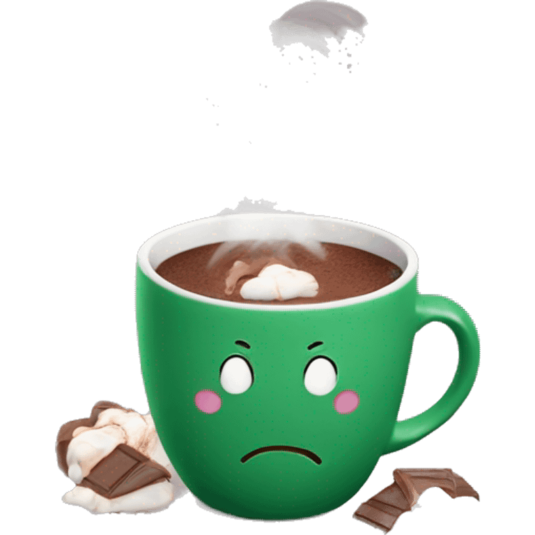 hot chocolate in a green mug with smoke hearts emoji