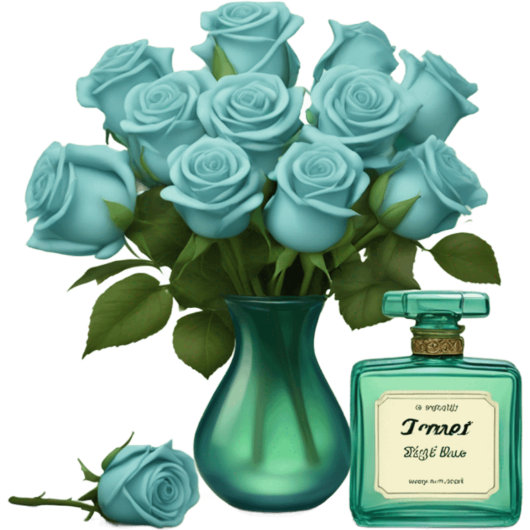 Aesthetic composition of soft blue roses with a vintage-style green  perfume bottle.
 emoji